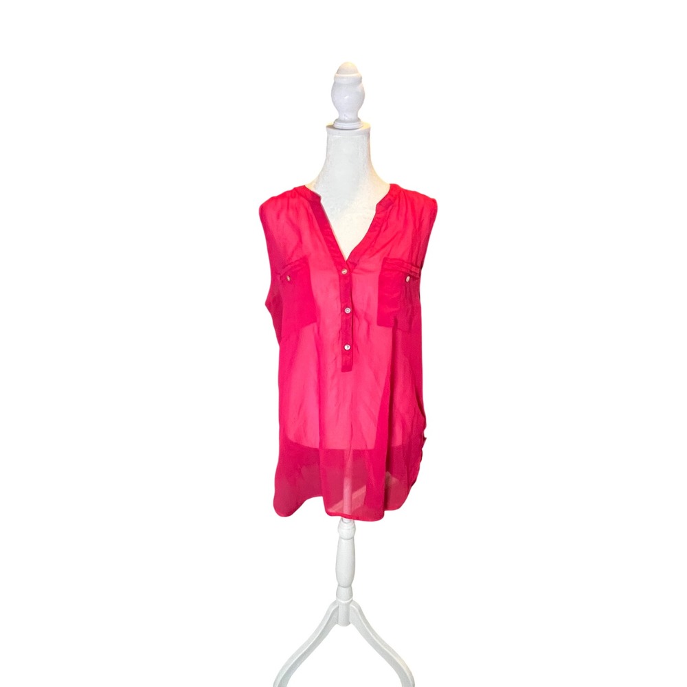 Apt. 9 Womens Hot Pink Sleeveless V-Neck Button Chiffon Blouse Top Size L